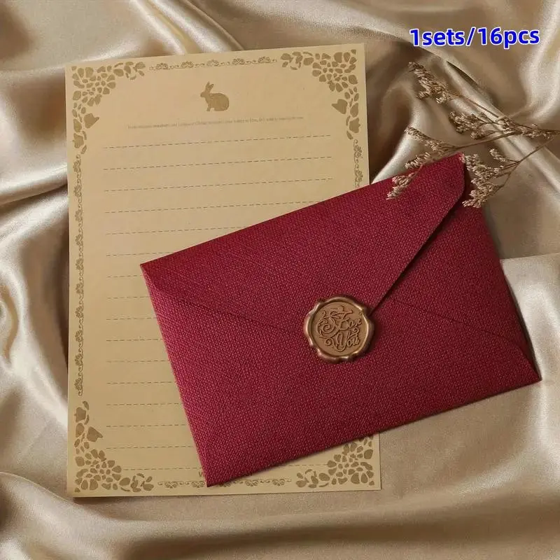 16-Piece Stationery Set, Thick Linen Envelopes, Handwritten Love Letters, Includes 3 Envelopes, 10 Sheets, 3 Wax Seals