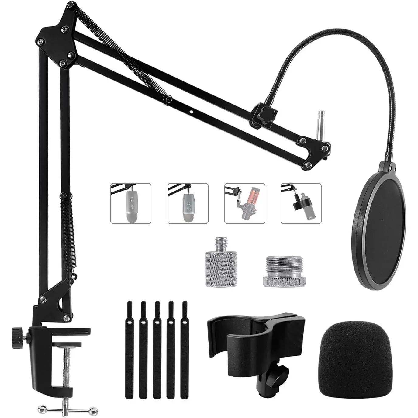 Mic Stand Boom Arm for Blue Yeti, Nano,  QuadCast Snowball Fifine Shure SM7B and More Mic, Adjustable Boom Arm Desk Microphone Stand with 3/8" to 5/8" 1/4" Screw, Pop Filter Mic Clip  Ties