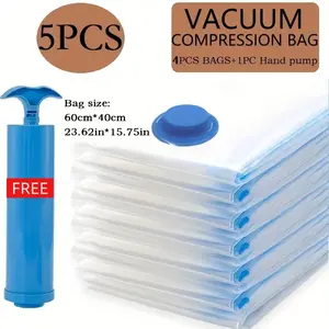 5-Pack Large Vacuum Compression Bags 40x60cm with Manual Pump, Dust-Proof Moisture-Resistant, Ideal for Home Dorm Use