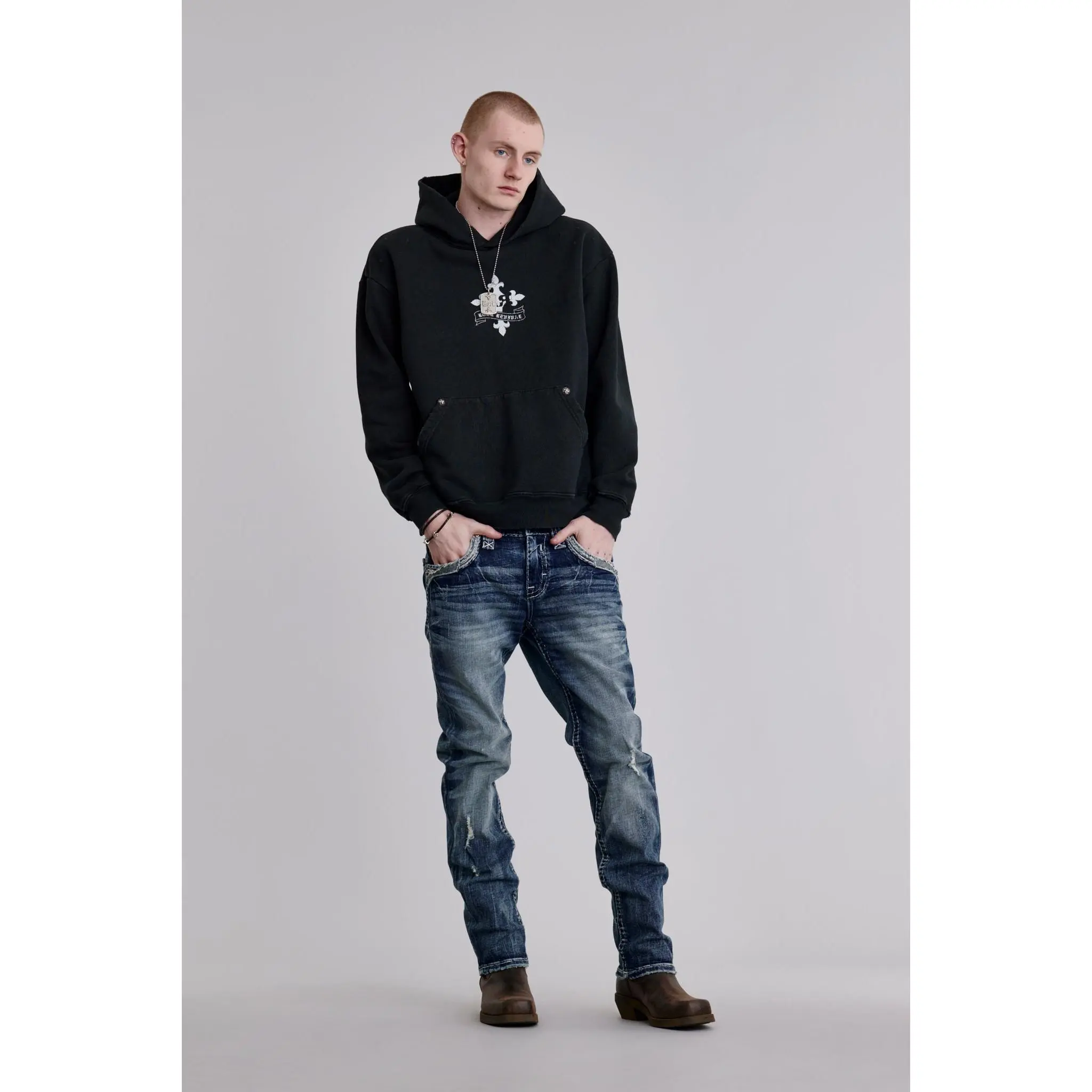 Rock Revival Men's Leon Straight Fit Jeans in Dark Wash Stretch Denim with Fleur-de-Lis Embroidery and Custom Pewter Hardware, Menswear, Casual Jeans, Classic Jean
