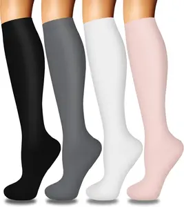 Female Nylon Compression Socks for Women - 4 Pairs, Best Circulation Support for Nurses, Running