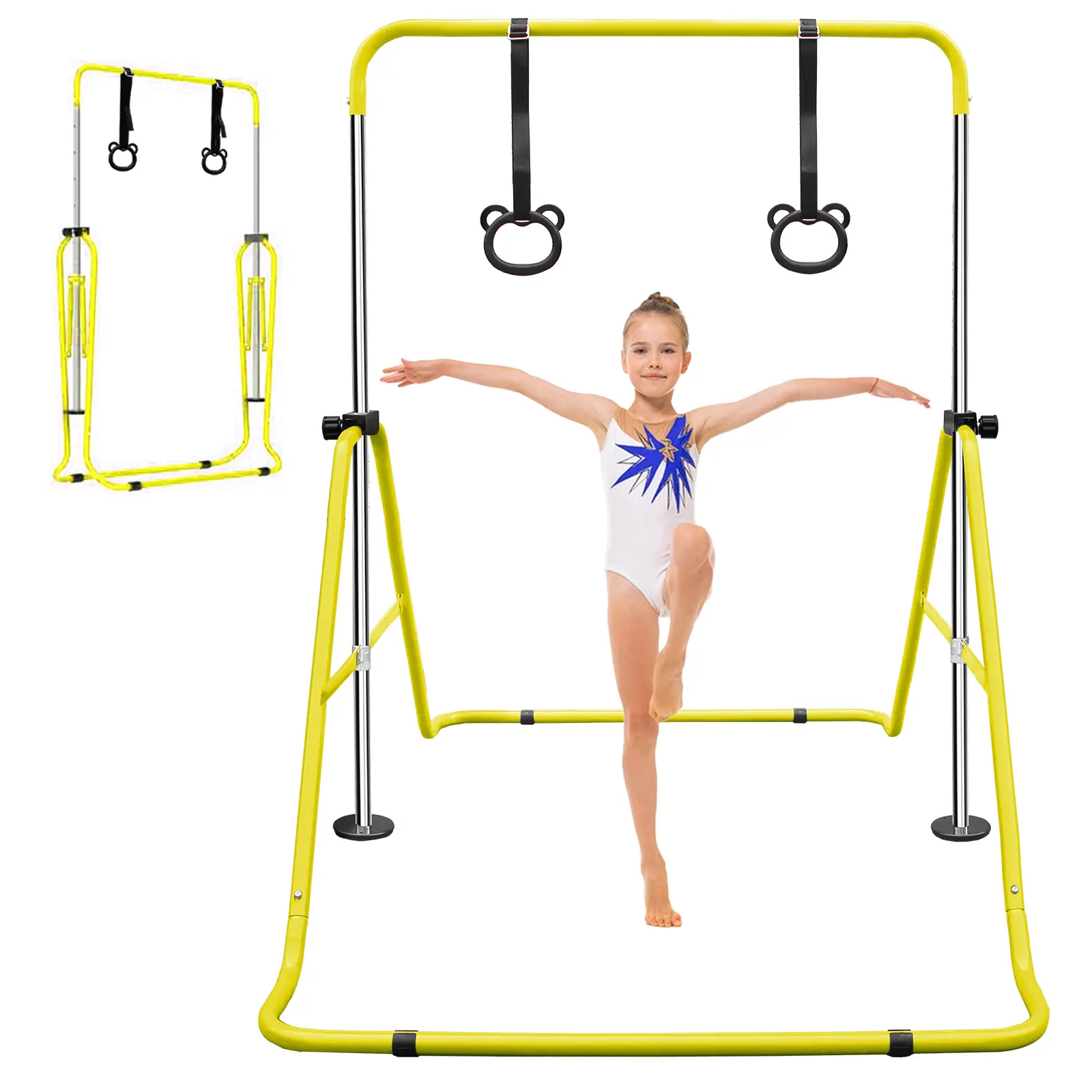 Adjustable Horizontal Gymnastics Bar for Kids, Foldable Steel Home Gymnastics Equipment with Rings, 35-51 Inch Height, Adjustable Gymnastics Bar