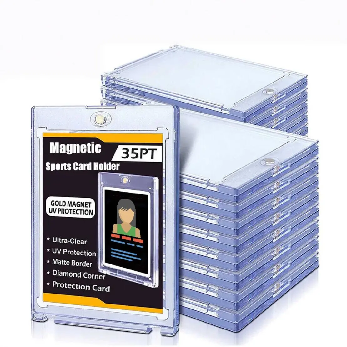 50-Pack 35pt Thickness Hard Magnetic Trading Card Holders, UV Shield Protection, Snap Closure, Standard Size 1-Touch Storage Cases for Baseball/Basketball Cards