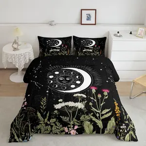 Sun and Moon Decor Luxury Bedding Set,Bohemian Designer Comforter Set,Boho Exotic Style Duvet Set,Black White Galaxy Comforter,Floral Plant Quilt Set