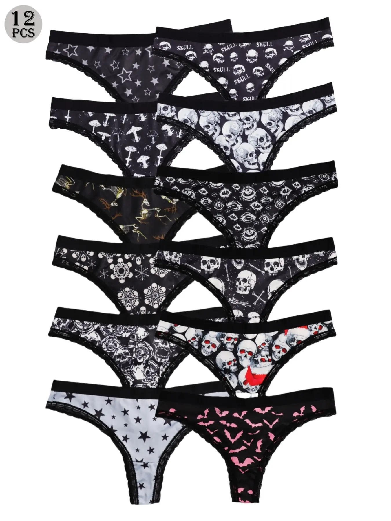 Morvia 12 PCS Women's Gothic Thong Fashion Breathable Lingerie Fitted Panties Knicker Underwear Set with Various Skull, Star, Bat and Unique Pattern Designs for Edgy Style