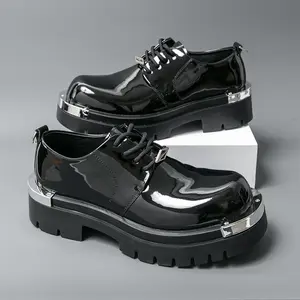 Men's Patent Leather Gradient Metal-Plate Platform Oxfords Classic Round Toe Lace Up Chunky Heel Anti-Slip Lug Sole Heighten Derby Shoes Boy Footwear Stylish Pedal Dance Black men gift business