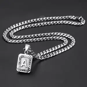 Hermah Silver Color Initial Letter A-Z Pendant Necklace 18"-22" Stainless Steel Curb Chain Charm Jewelry