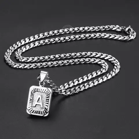 Hermah Silver Color Initial Letter A-Z Pendant Necklace 18"-22" Stainless Steel Curb Chain Charm Jewelry