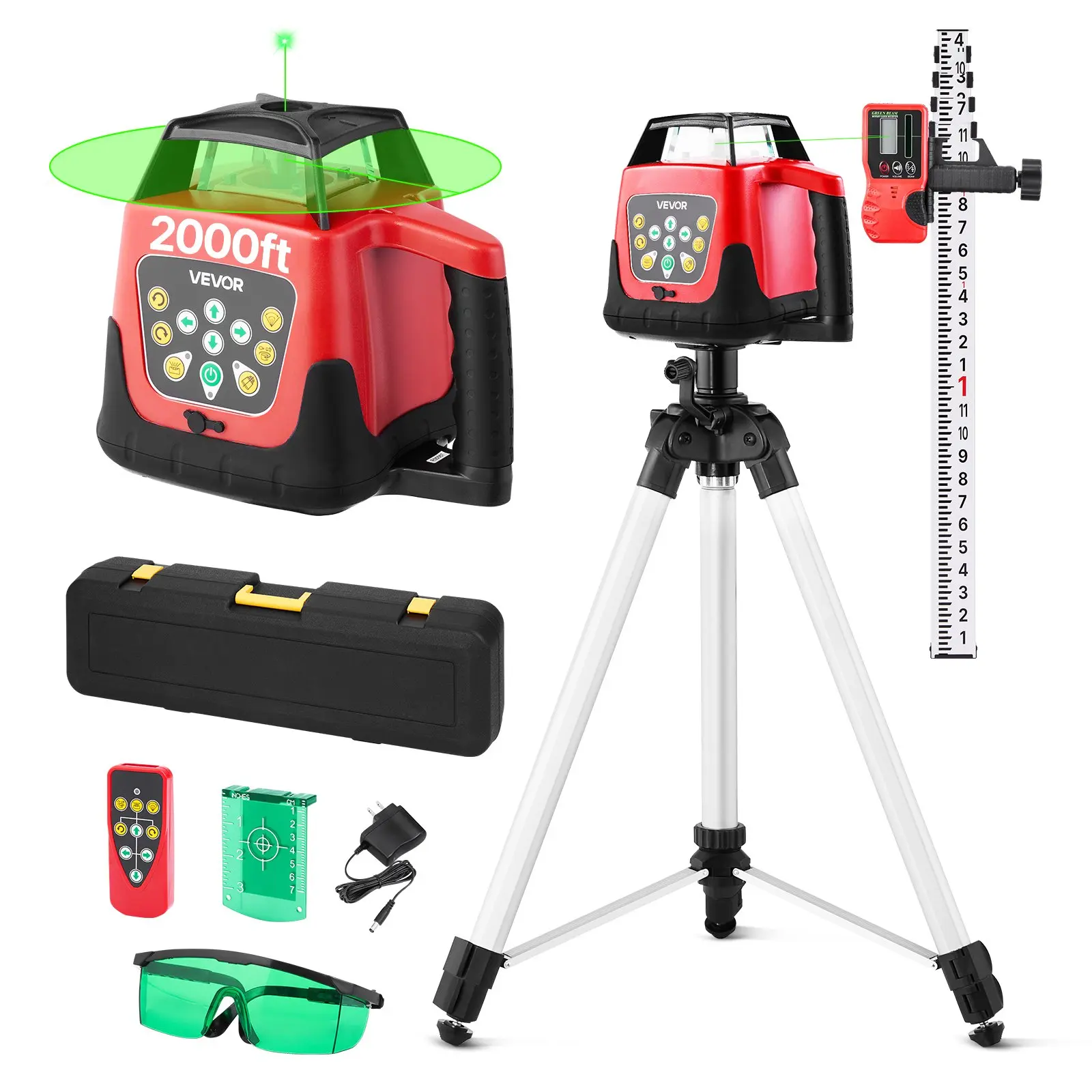【Summerfinds】VEVOR 360-Degree Self-Leveling Green Rotary Laser Level Kit, 2000ft Horizontal Laser Transit with Tripod, Receiver, Remote Control, Scale, Toolcase, IP66 Waterproof, 0.80in/100ft for Construction, Abs, Grade Rod, 2000 Ft