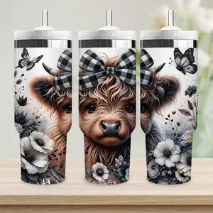 Highland Cow Pattern Vacuum Flask, 1 Count Portable Stainless Steel Water Bottle with Straw & Lid, Drinking Cup for Home Office School Outdoor Travel, Drinkware, Funny Dad Tumbler