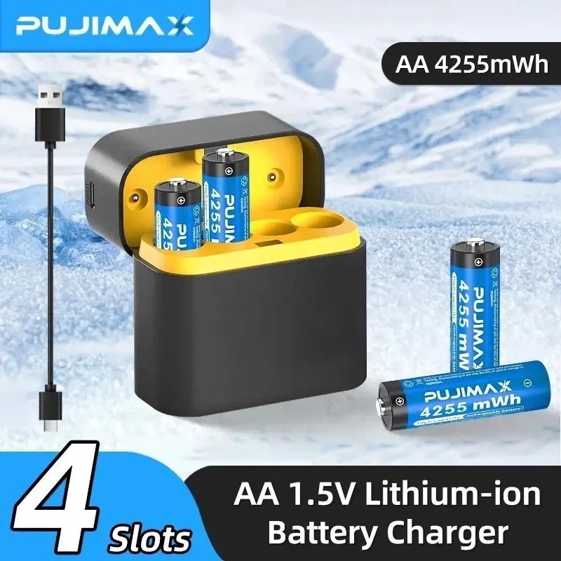 4-Pack 4255mWh AA 1.5V Rechargeable Lithium Batteries with Type-C Fast Charger Box, Universal Electronics Accessories with USB Port, Cable Storage Compartment, Charging