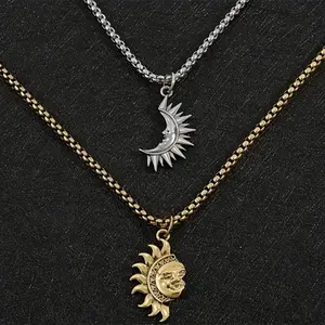 Fashion Sun & Moon Pendant Necklace Set, Titanium Steel, Unisex Couple Jewelry, Perfect for Parties, Holidays, Dates