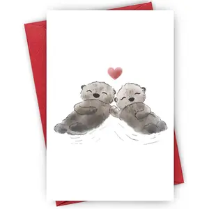 Cute Cartoon Otter Pattern Greeting Card with Envelope, Vertical Cards, 1/3/50pcs Lovely Heartwarming Design Greeting Card, Ideal for Expressing Love and Friendship