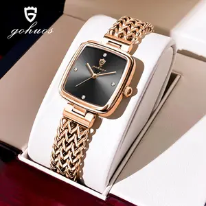 GOHUOS Luxury Quartz Watch for Women Solid Stainless Steel Strap Rose Gold Elegant Square Ladies Wristwatch with Luminous Dial Waterproof Week Date Function