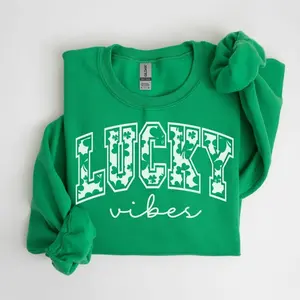 Retro St. Patricks Day Sweatshirt, Lucky Vibes Sweater, Shenanigans Crewneck, Women's Shamrock Pullover, Green Irish Shirt, Four Leaf Clover