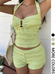 Women's Summer Vacation Textured Jacquard Tight Backless Halter Camisole Metal Button Top & Shorts Matching Set Outfit For Beach Holiday Valentine's Day