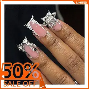 Press on Nails Duck Shaped Glossy Full Cover Medium Acrylic Duck Black French False Nails with Floral Gems Designs Artificial Duck Fake Nails with Charms Glue ons Nails Stick on Fingernails for Women