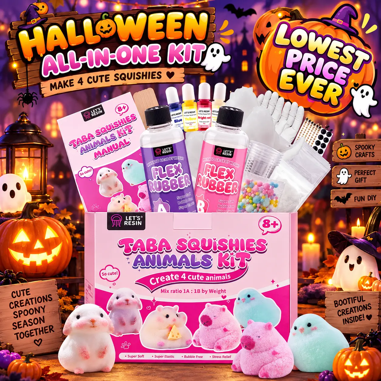 LET'S RESIN Squishy Making Kit for Kids - Halloween DIY Set, 16 oz Flex Rubber Silicone Gel, Hamster Capybara Bunny Chick Animal Molds, Color Paste, Flocking Powder, Super Soft Sensory Beginners Kids Toys Cool Gifts