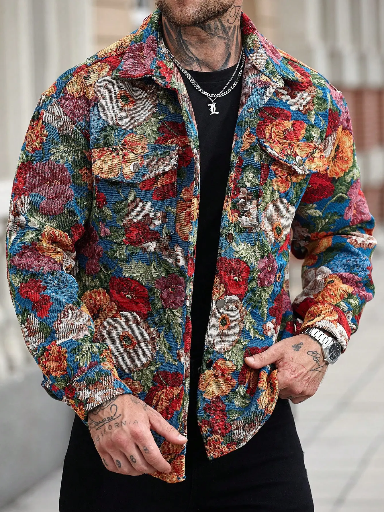 Men’s Vintage Floral Jacquard Turn-Down Collar Jacket - Casual Top for Workwear, Streetwear