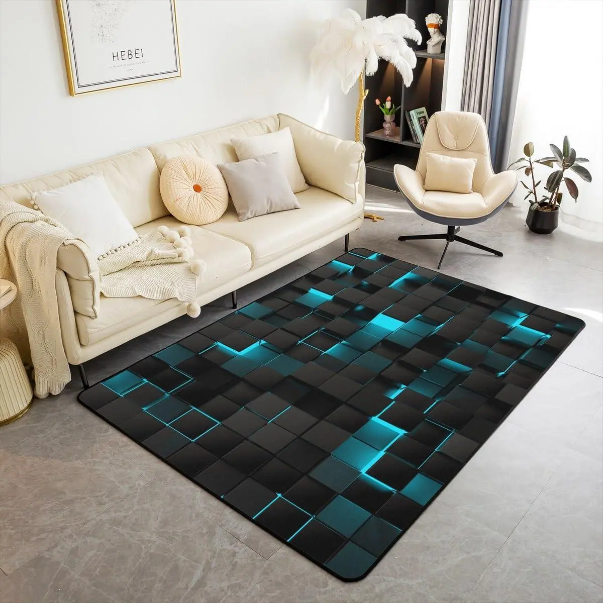 Feelyou Geometric Grid Area Rug - Teal and Black Neon Turquoise Stereoscopic Abstract Plaid Carpet, 150x200cm Square Decorative Rug for Living Room, Room Decor, House Decor