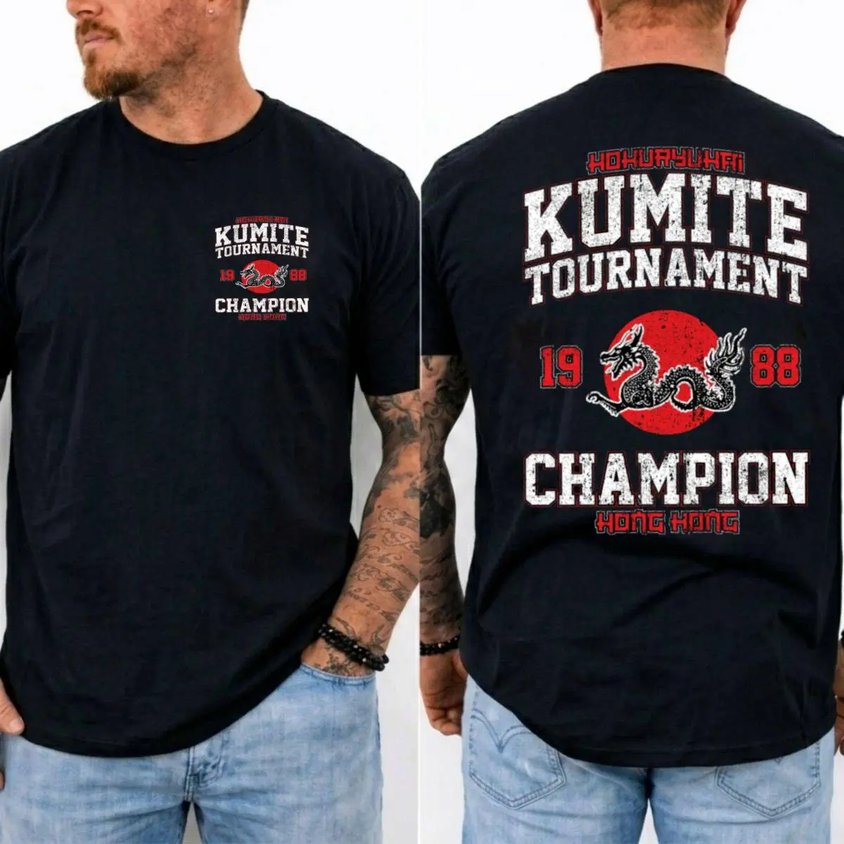 Men's Vintage 1988 Kumite Tournament Champion Graphic Print T-Shirt, Unisex Cotton Fabric Tee, Relaxed Fit, All Seasons Retro 80s Movie-Inspired Top for Men & Women, Aesthetic