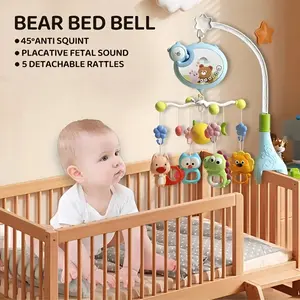 Baby Crib Mobile with Night Light & Projector, 360° Rotating Musical Mobile with Remote Control, Detachable Teether Toys, Anti-Slip Crib Bracket, Penguin Bear Light-Up Bed Bell for Newborn Infants Boys Girls
