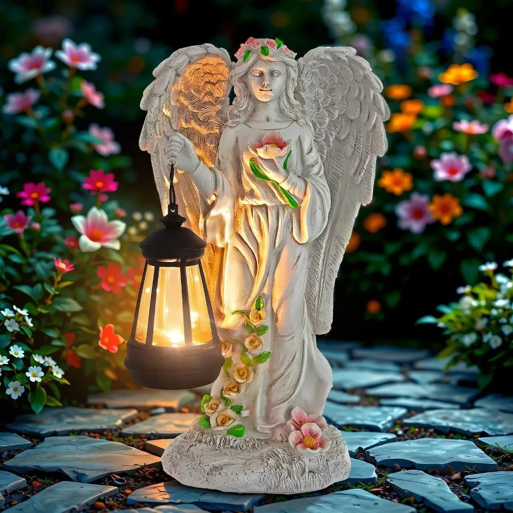 12.2in Solar Angel Garden Decor, Outdoor Exterior Decorative Statues for Patio Balcony Front Lawn, Light-Up Christmas Ornament Gift for Mom, Angels Statues