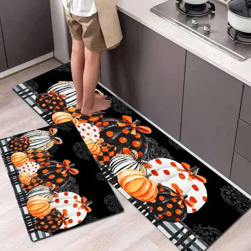 2Pcs Autumn Pumpkin Abstract Pumpkin Thanksgiving Halloween Floor mat set for farmhouse kitchen Home Decorative Rug restaurant floor laundry room decor carpet mat Kitchen Floor Rugs, Kitchen Rugs Mats