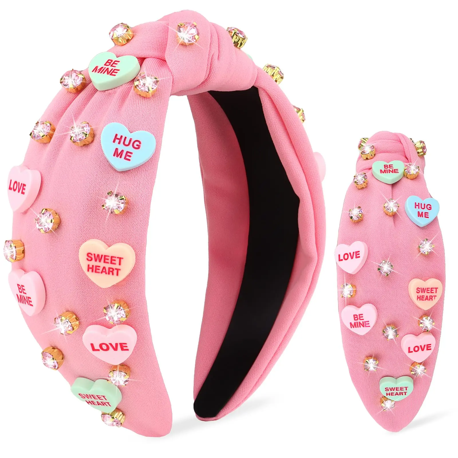 Valentines Day Headbands for Women Love Sweet Heart Headband Pink Rhinestone Knotted Headband for Women Valentine Day Decorations Fashion Headband Hair Accessories