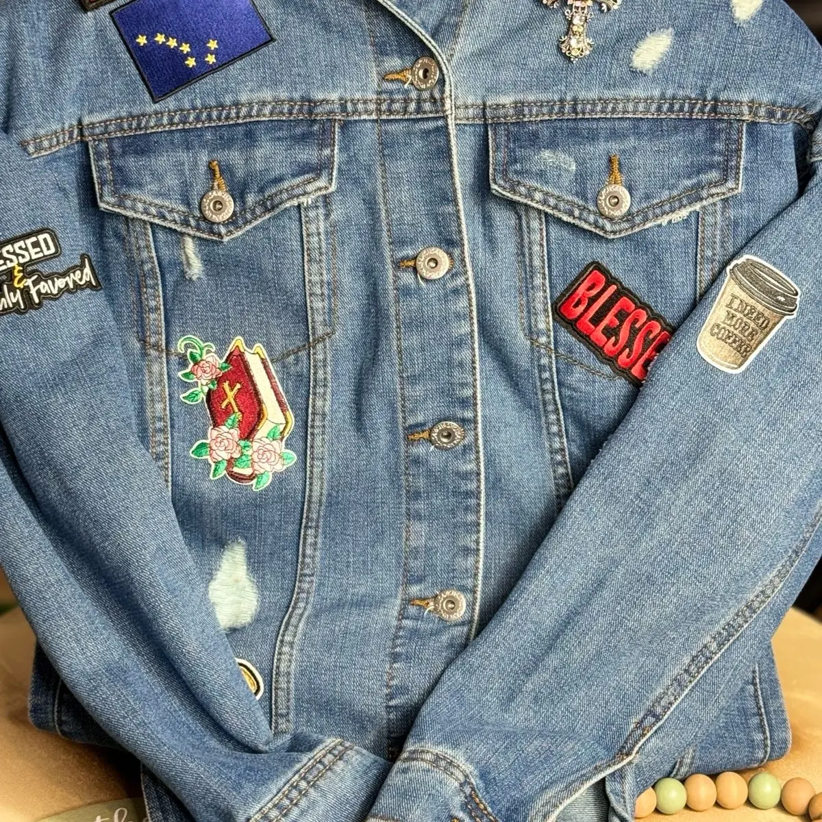 Customized denim Jean mid length jacket. Themed Alaska Cruise vacation & faith. Fashion