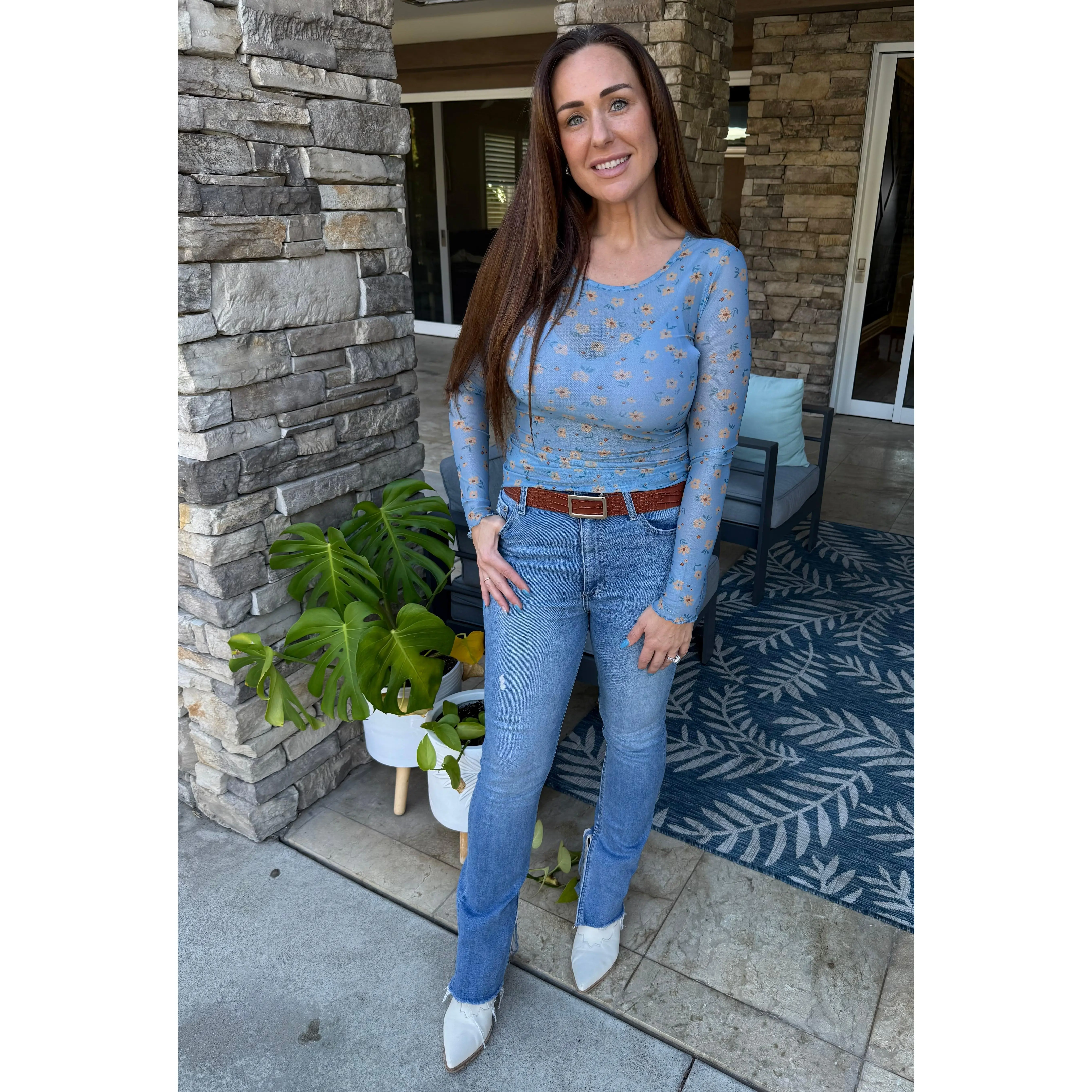 Blue Floral Sheer Top