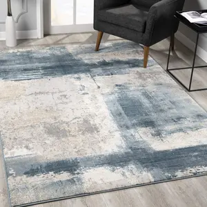 212 MAIN 7x10 ft. Cream & Blue Abstract Patches Home Decorative Rug, Modern Abstract Area Rug, Modern Abstract Rug