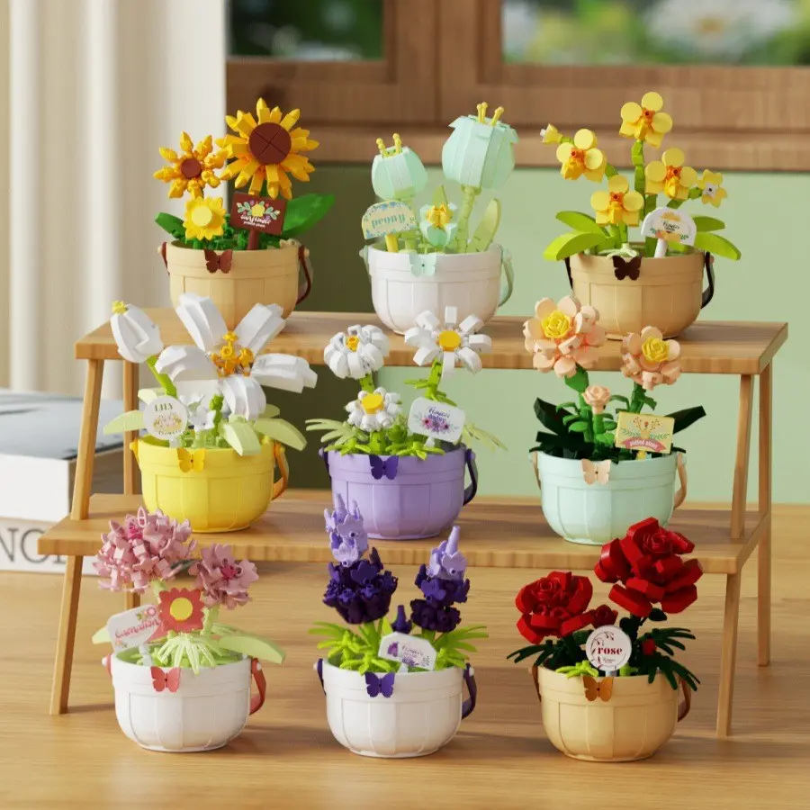 Mini Eternal Flower Rose Sunflower Basket Building Blocks, Realistic Fake Flowers Furniture Office Indoor Decor, Decorative Desk Plant, Faux Plant Ornaments, Birthday Gift Recommendation, Faux Plants Indoor