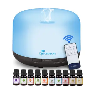 Diffuserlove Essential oil diffuser, 500ml aromatherapy diffuser, spray humidifier, 7 color LED light diffuser, with remote control and 10 essential oils for home and office. Bedroom, deep wood grain