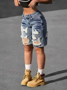 Women's Pocket Distressed Loose Casual Versatile Denim Shorts