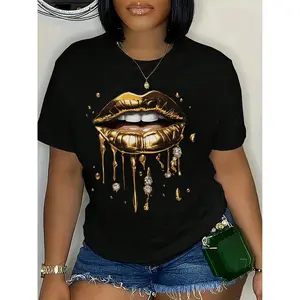 2026 New 100% Premium Cotton Sustainable Women's Fashionable Golden Lip Print Round Neck Short Sleeve Casual T-Shirt Black SummerUnisex Boxy Fit Heavyweight Tee