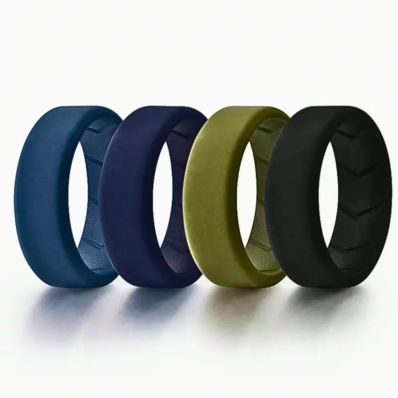 Set of 4 Premium Silicone Rings for Men, Rubber Rings Fits Sizes 7-15, Comfortable, Durable and Stylish for Active Lifestyle 8mm Wide 2mm Thick, Birthday, Party Gift