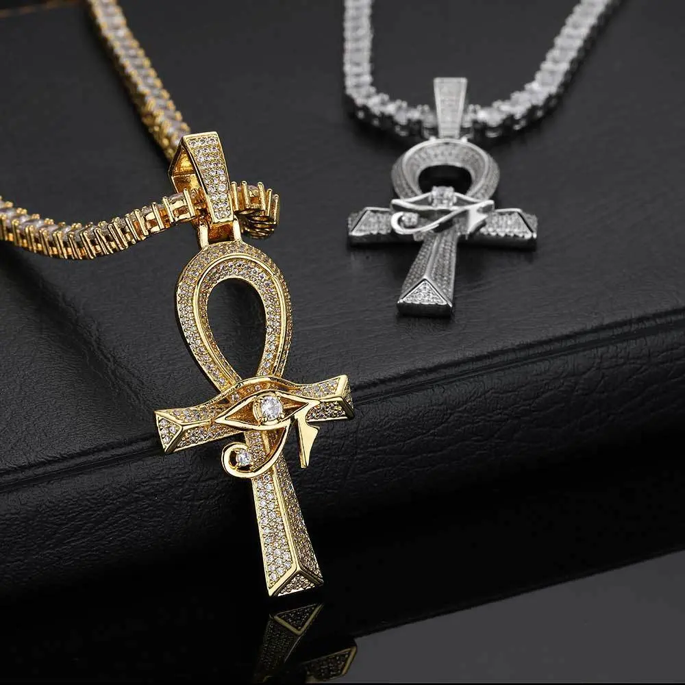 Unisex Retro Artificial Gem Necklace with Horus Eye Ankh Cross Pendant, Micro Zircon Inlays, Sparkling CZ & Zircon Stones Design, Hip Hop Accessory for European Fashion, Sparkling Cz Necklace, Zircon Stones Necklace