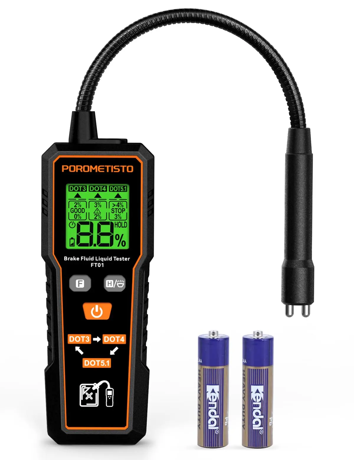 POROMETISTO FT01 Digital Brake Fluid Tester - 1.4" LCD Display, Flexible Probe, Buzzer Reminder, Flashlight, Fast and Accurate Measurement, Low Battery Prompts, for DOT3 DOT4 DOT5.1 Car Brake Oil Diagnostic Tool