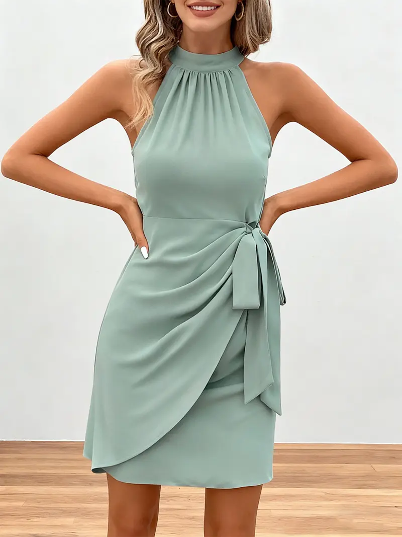 slim fit dress slacks Maureen Light Green Satin High-Neck Draped Maxi Dress – Club L London main image 0