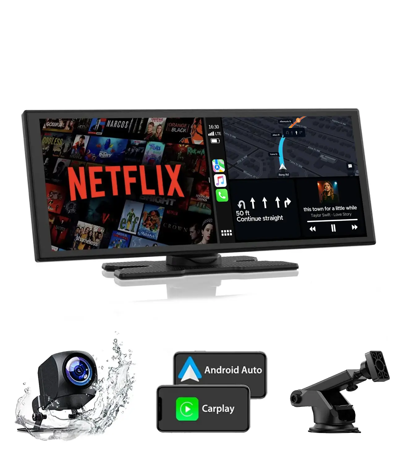 10.25-Inch Wireless CarPlay Screen — Supports Netflix,TikTok,and YouTube Apps, Split-Screen App Usage, 1080P Backup Camera Support, Navigation, and Voice Assistant. Compatible with iOS 10+ and Android 11+