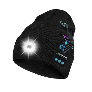 Bluetooth Winter Beanie Hats for Men Women Warm Cozy Knitted Cuffed Skull Cap with LED Beads Adjustable Brightness USB Rechargeable HiFi Sound Music High Performance
