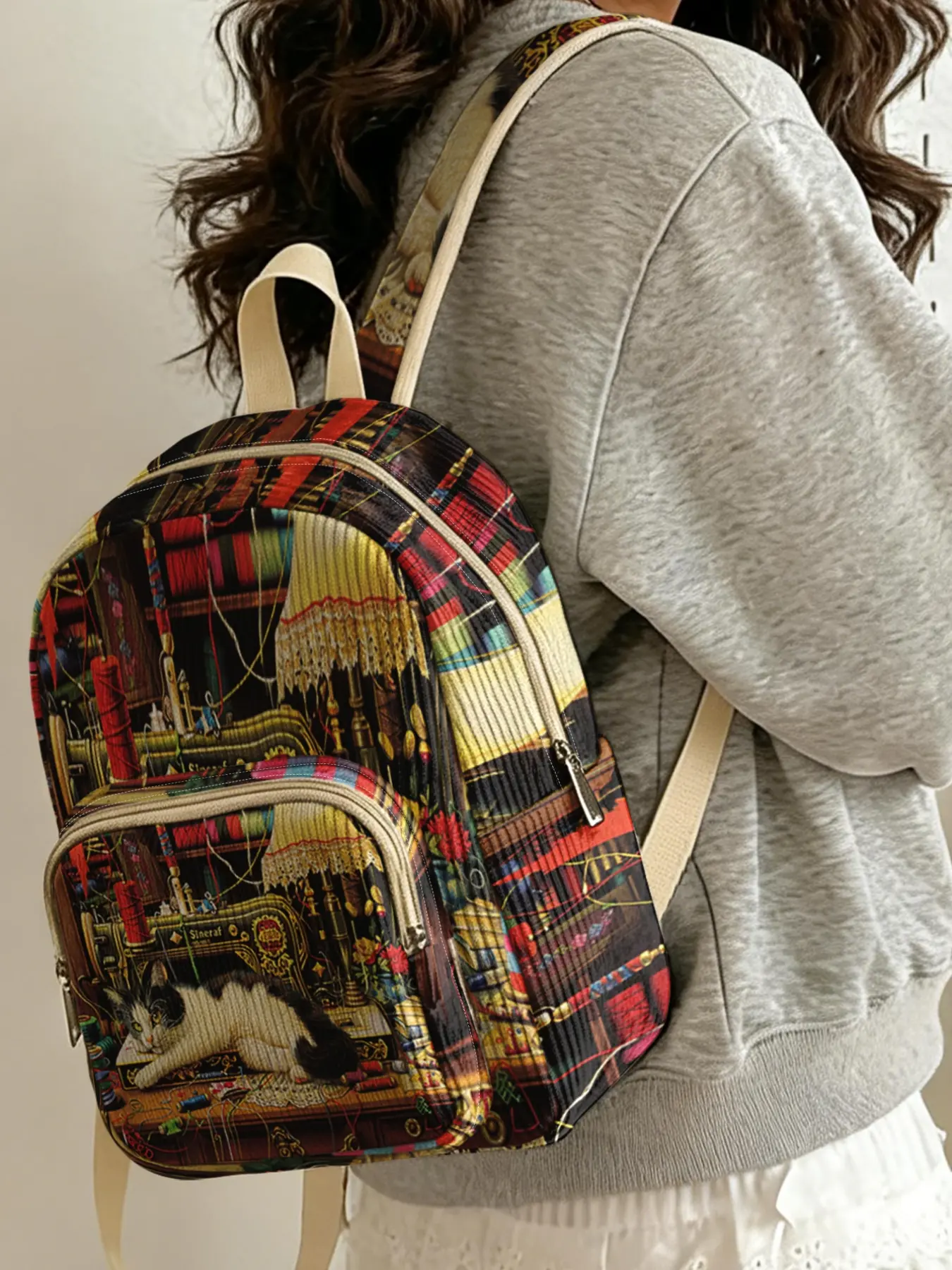 1 piece 2D printed, Casual printed lady's backpack with sewing cat pattern, corduroy texture + layered storage + light weight reduction, perfect for students to go to class/shopping/short trips