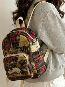 1 piece 2D printed, Casual printed lady's backpack with sewing cat pattern, corduroy texture + layered storage + light weight reduction, perfect for students to go to class/shopping/short trips