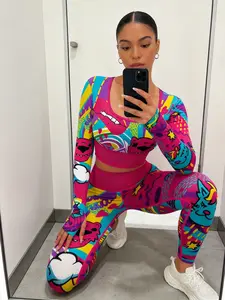 Graffiti Print Long Sleeve Sporty Round Neck Yoga High Waist Set, Moisture Wicking, Outdoor Sports, Summer Spring Weight Loss Slimming, Sportswear Set, Workout Sets Women