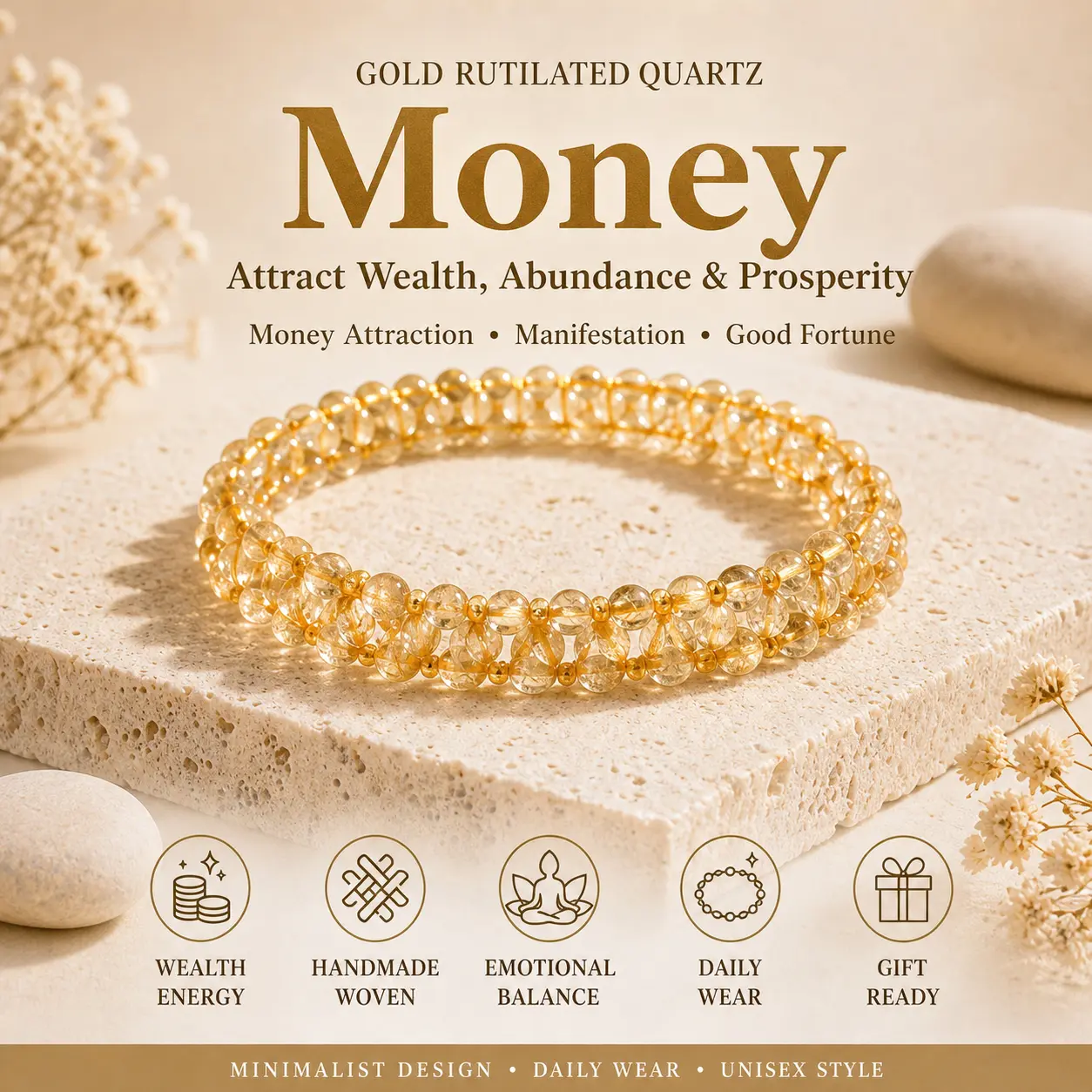 Money Magnet! Gold Rutilated Quartz Bracelet, 3.8mm Crystal Beaded Bracelet, Money Attraction, Manifestation, Abundance, Good Fortune, Manifest Wealth & Prosperity Crystal Charm, SummerWins DealsForYouDays, Crystals Bracelets, Inspirational Beaded Bracele