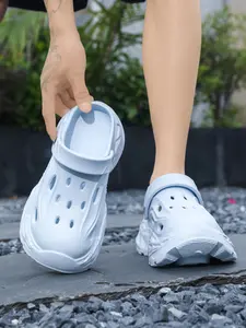 Women's Light Blue Thick-Sole Clogs: Breathable Hollow + Soft Shock-Absorbing, Anti-Slip Bathroom Home Slides