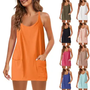 Women'sSummerSleevelessMiniDressV-neckSpaghettiStrapSportsBuilt-inShortsSundressSolidColorSleevelessDressSpaghettiStrapVestDress