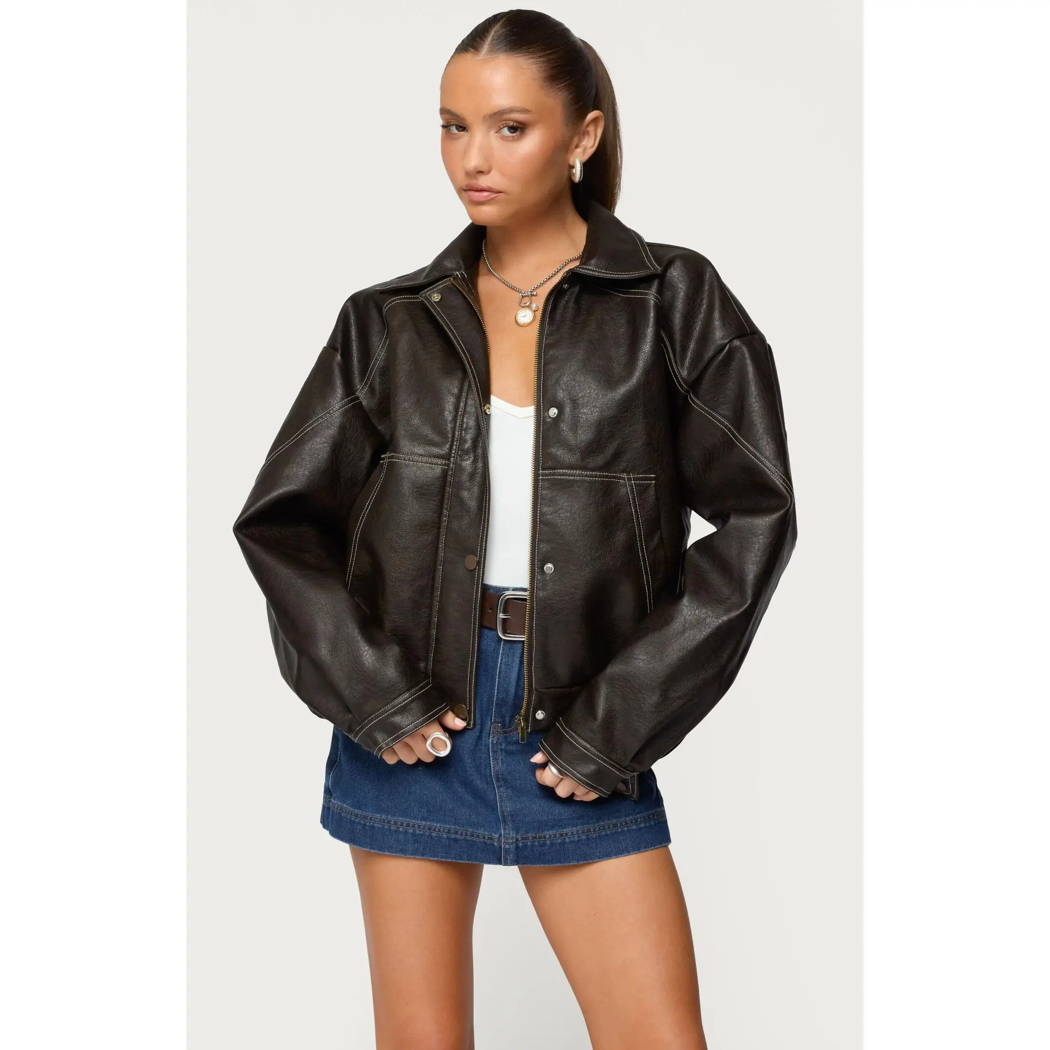 Edikted Women's Jaxson Oversized Faux Leather Bomber Jacket