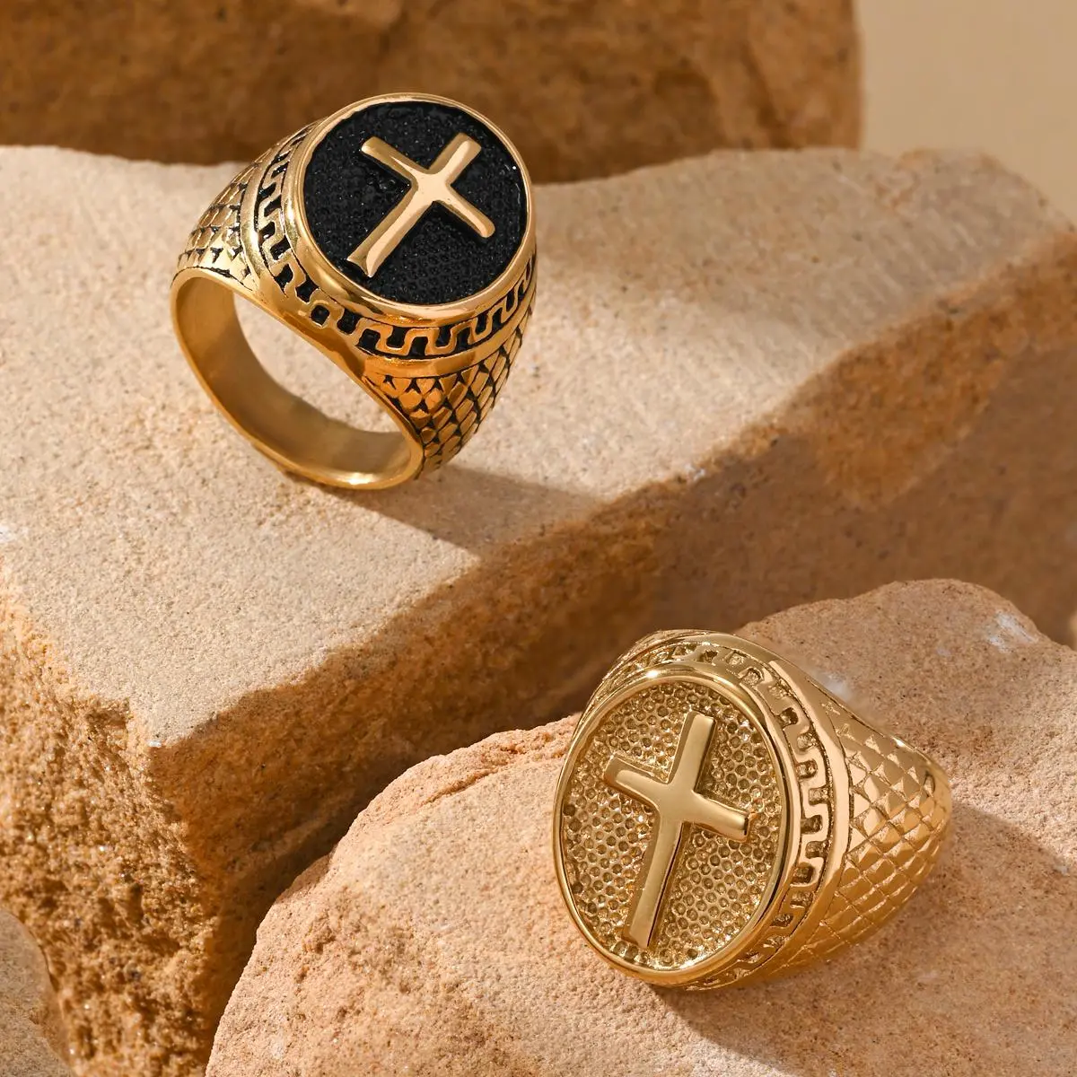 Elegant Stainless Steel Ring with Geometric Gingham Pattern and Cross Motif for Adults - Daily Wear Jewelry, Graduation Gift, Elegant Ring